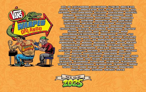 Vans Warped Orlando 2025 music festival lineup poster with tattoo art style.