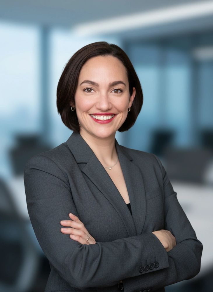 Confident professional woman in a gray suit with arms crossed, smiling.