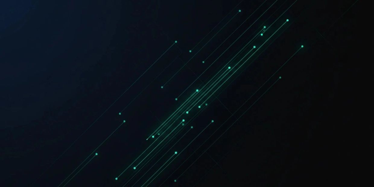 Abstract digital lines and dots on a dark background.