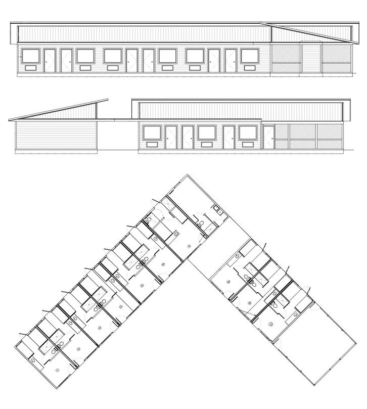 Exterior elevation line drawing and top down floor plan for the Home Base building.