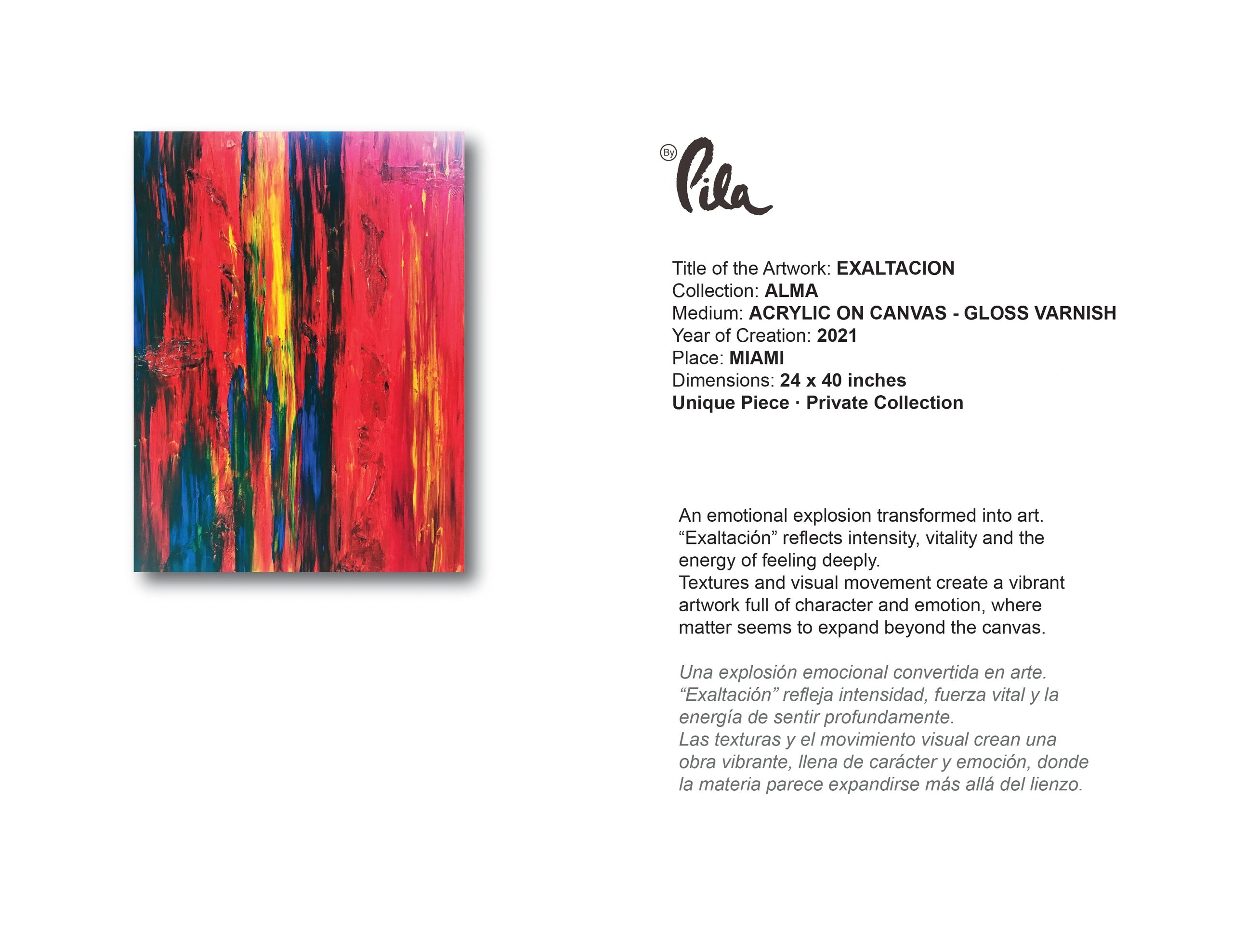 Abstract acrylic painting with bold red, yellow, blue, and black vertical strokes.