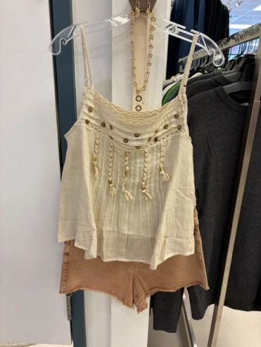 Boho cream tank top with tassels and brown shorts outfit at The Peak in Albertville, MN