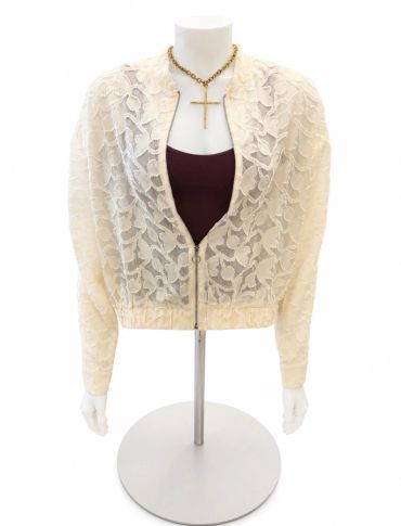 Sheer lace bomber jacket with zipper and floral pattern at The Peak in Albertville, MN