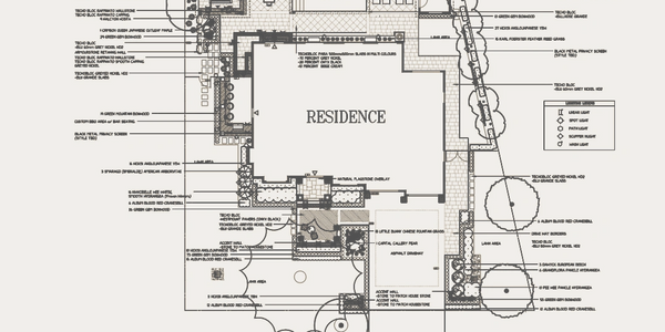 Detailed architectural landscape plan for a residence with annotations for plants and materials.