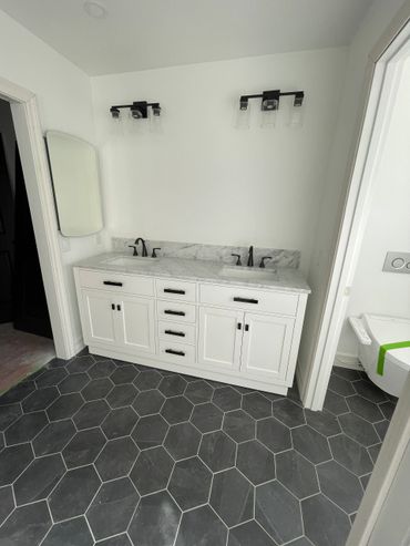Tile floor and vanity