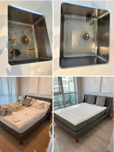 Before and after images of a cleaned kitchen sink and a tidied bedroom.