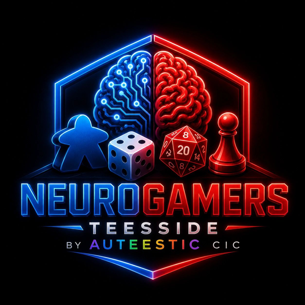 NeuroGamers Teesside logo with brain and gaming icons.