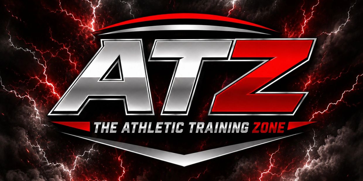 Bold logo of ATZ, The Athletic Training Zone with lightning background.