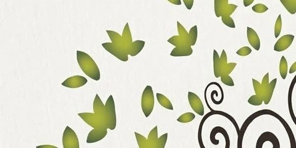 Green butterfly and leaf silhouettes on a white background.