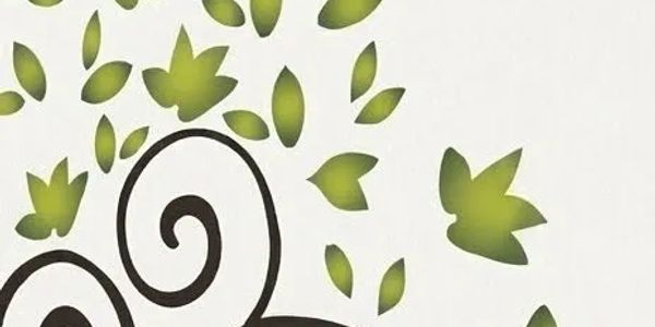 Abstract green leaves and black swirls on a white background.