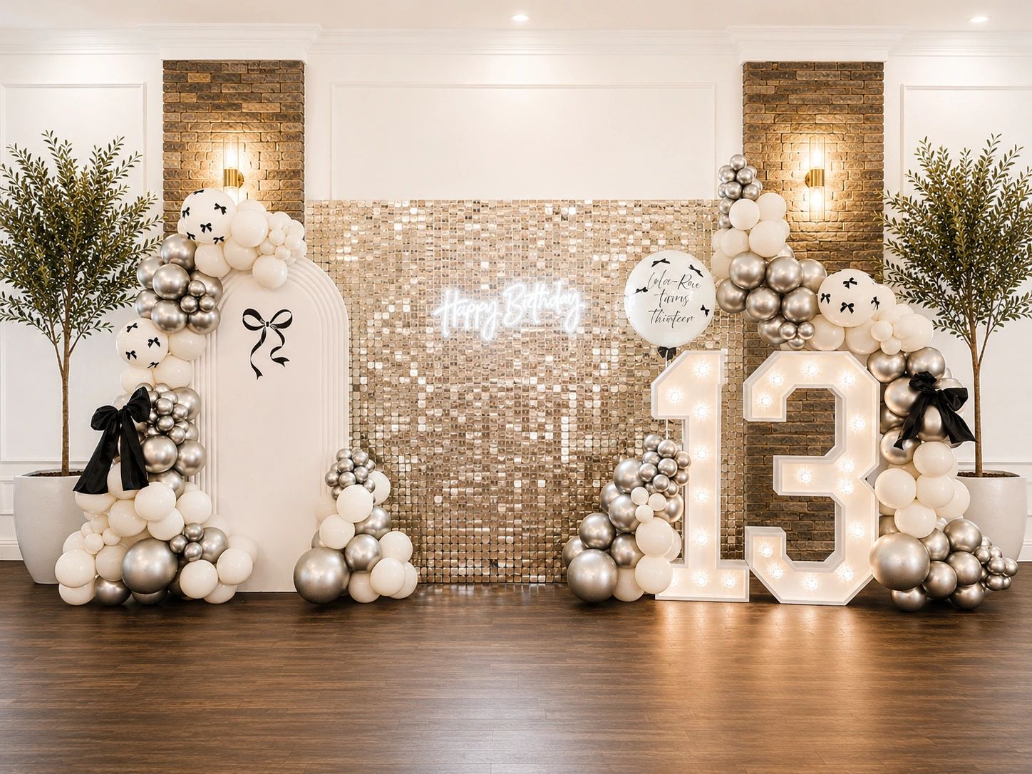 Luxury birthday party set up with sequin wall and light up numbers in Leeds