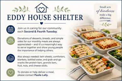Eddy House Shelter community meal donations and volunteer info.
