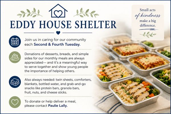 Eddy House Shelter community meal donations and volunteer info.
