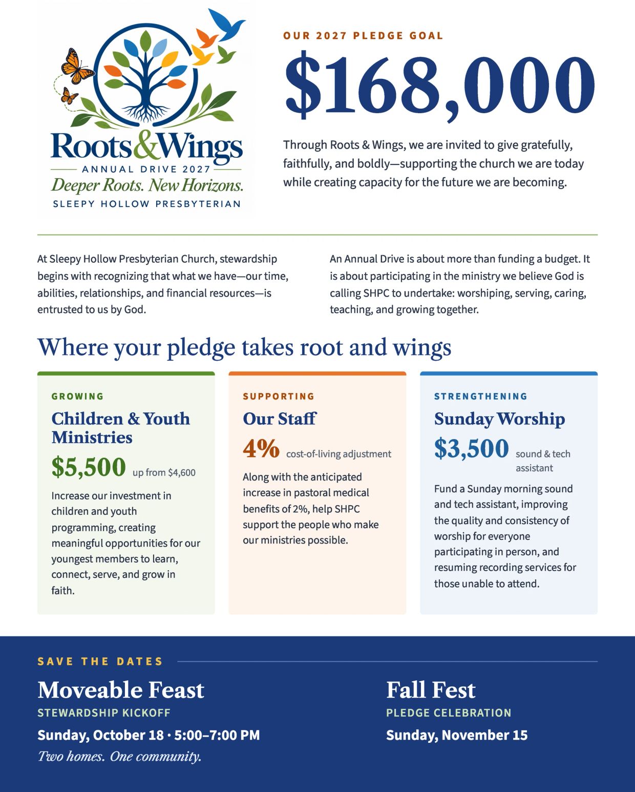Annual pledge drive for Roots & Wings at Sleepy Hollow Presbyterian Church.