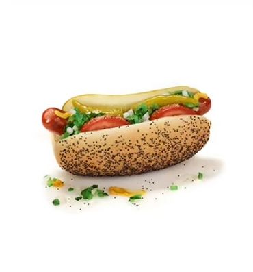 A hot dog with mustard, relish, tomato slices, and onions in a poppy seed bun.