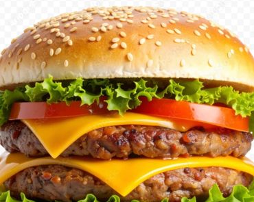 Double cheeseburger with lettuce, tomato, and sesame seed bun.