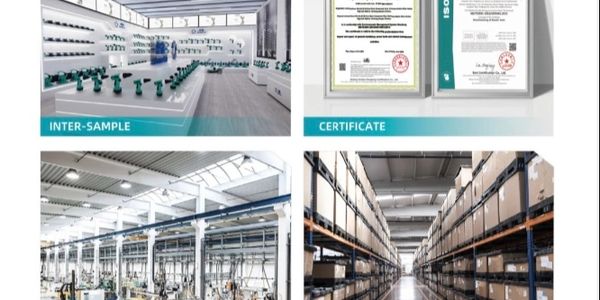 Four images showing a showroom, certificates, a factory floor, and a warehouse storage area.