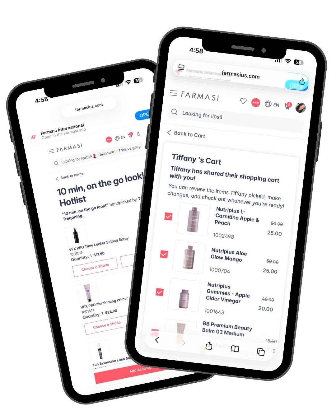 Two phones showing shopping and product pages on farmasius.com.