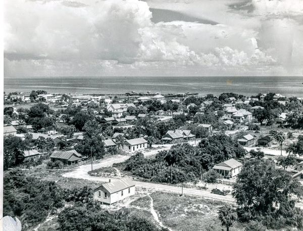 An ariel view of the city in black and white