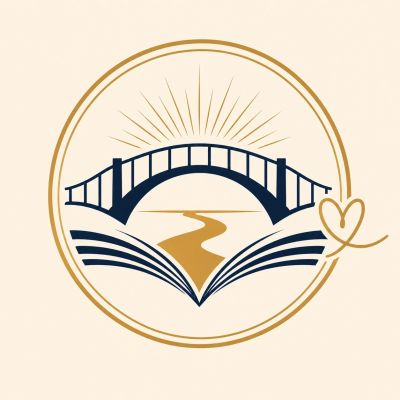 Logo with a bridge, river, book, and heart.