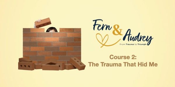 Person hiding behind a brick wall with course title about trauma healing.