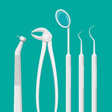 Set of dental tools on a teal background.