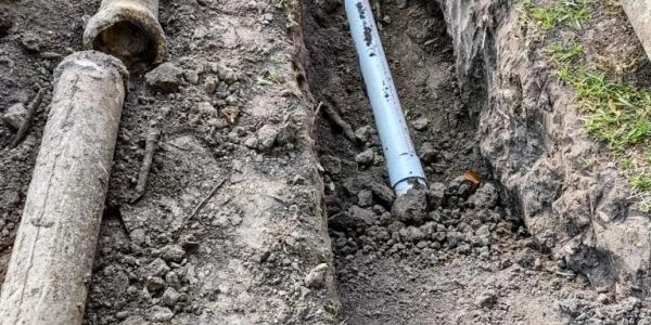 Two different pipes in a dug trench, one old and one new.