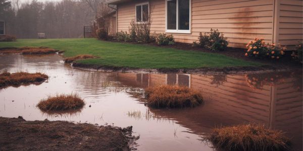 Flooded yard beside a house with patches of grass in water.