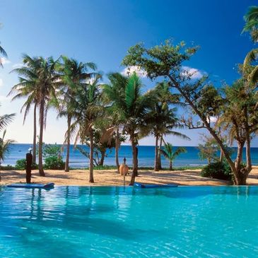 Sunny tropical beach with palm trees and a pool.