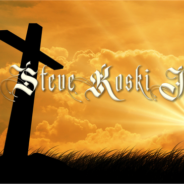 Silhouette of a cross against a golden sunset with stylized text.