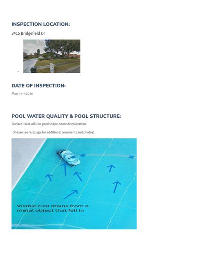 Inspection report of 3415 Bridgefield Dr with pool rust stains noted.