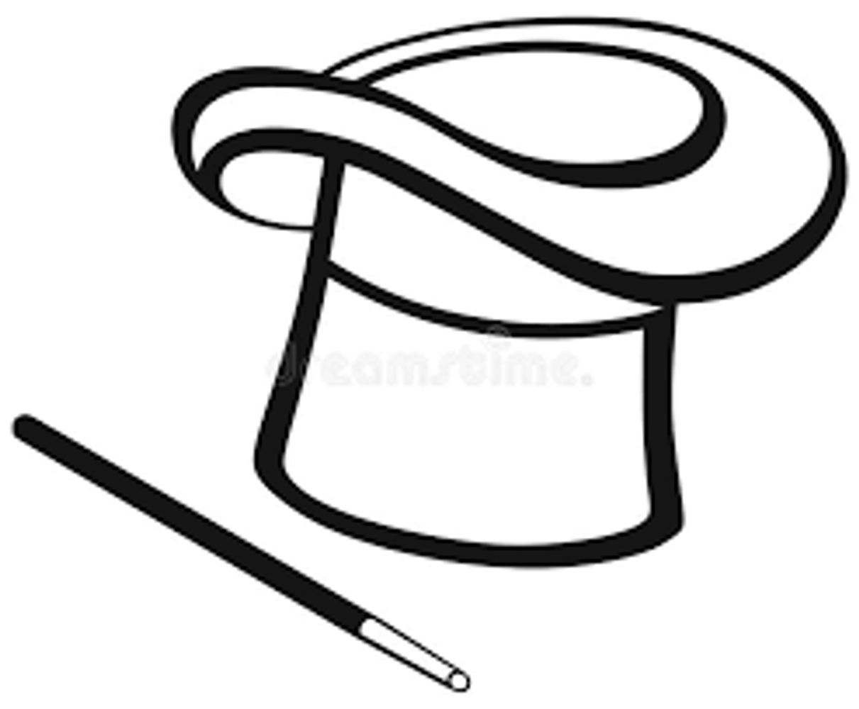 Black and white illustration of a magician's hat and wand.