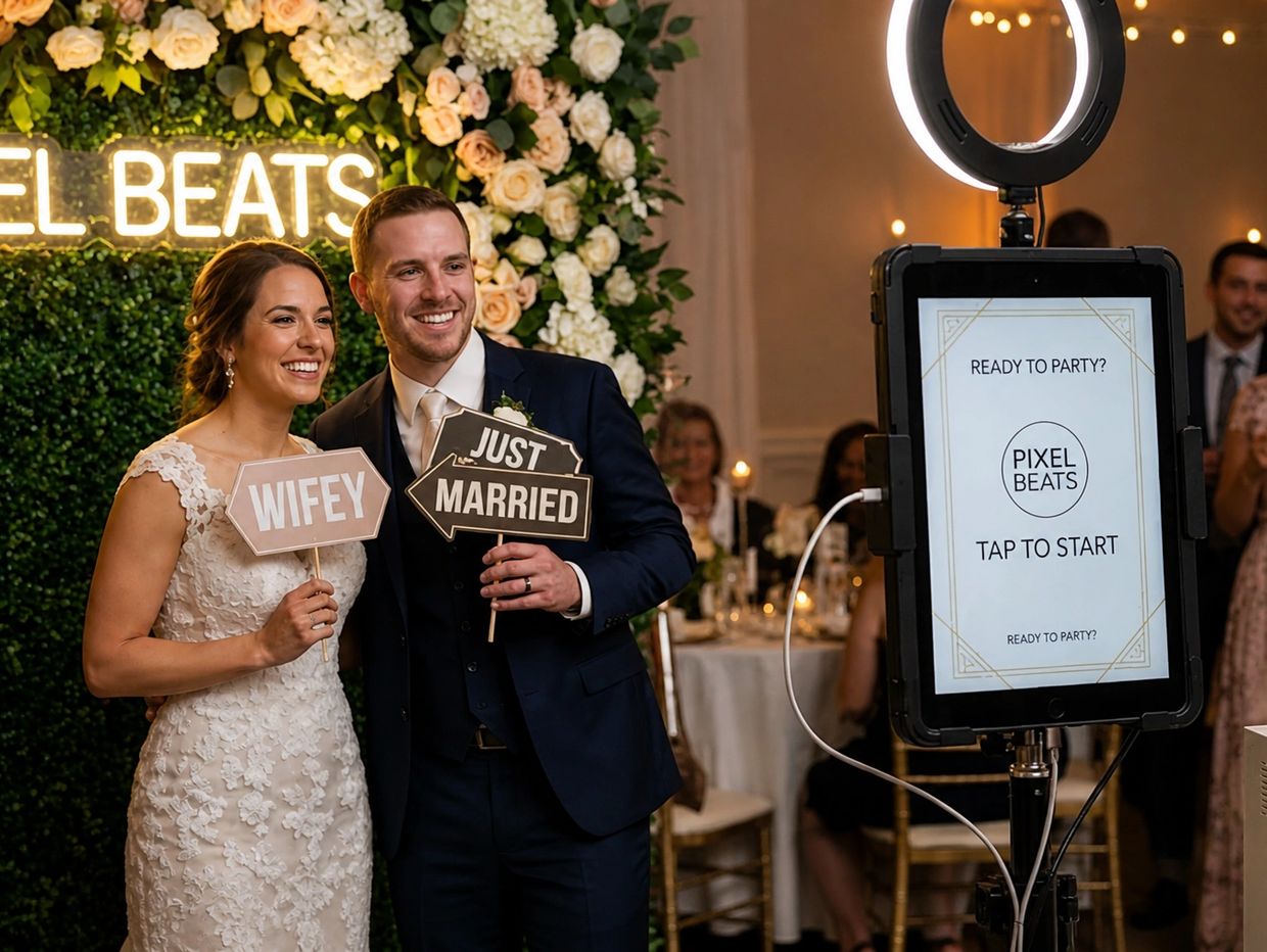 Newlyweds pose happily with signs at a floral photo booth setup.