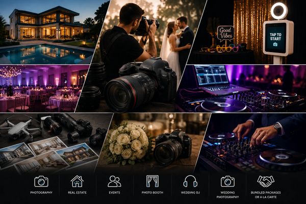 Collage showcasing wedding services including photography, DJ, real estate, and event setups.