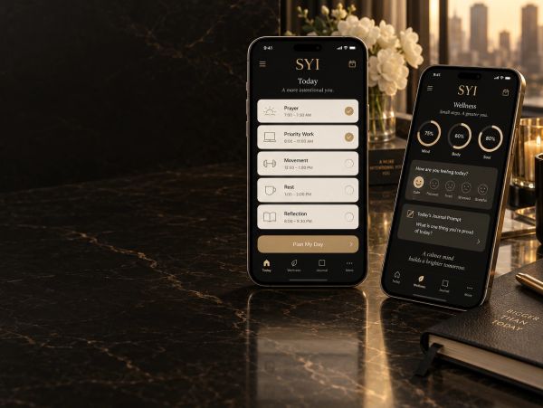 Two iPhones displaying a wellness and daily planning app on a marble countertop.