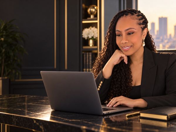 Smiling woman working on a laptop at a stylish desk.