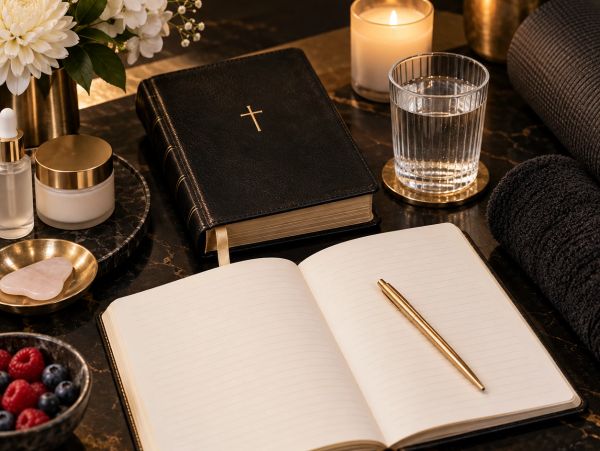 Open journal with pen beside a Bible on a dark marble table.