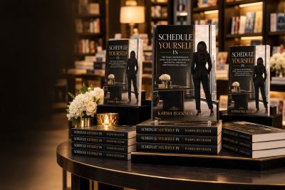 Books titled "Schedule Yourself In" displayed in a bookstore.