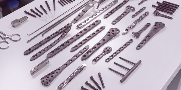 Cerrahi metal implantlar ve vidalar beyaz zeminde sıralanmış.