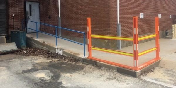Hand railing, steel fabrication, guard rail, guard railings, reflective tape, safety, walk way.