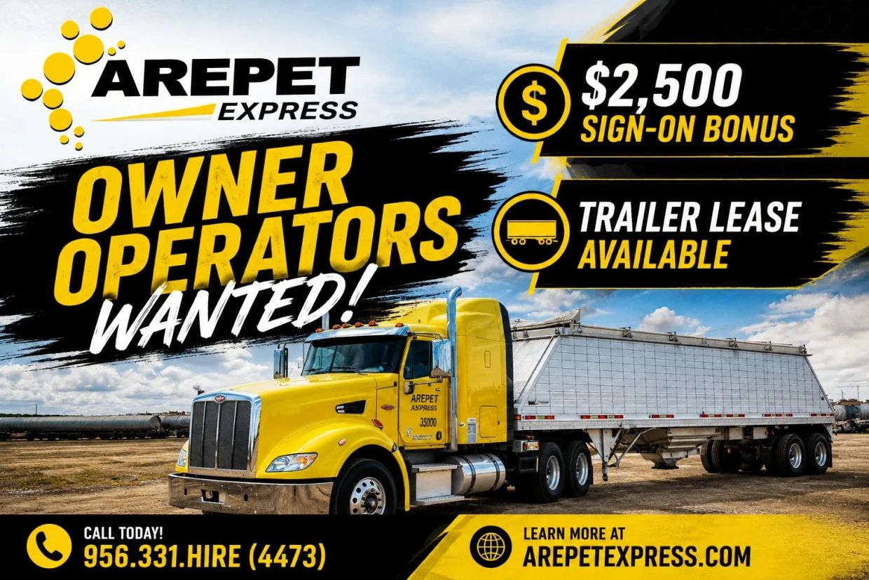 Advertisement for Arepet Express hiring owner operators with bonus and trailer lease.