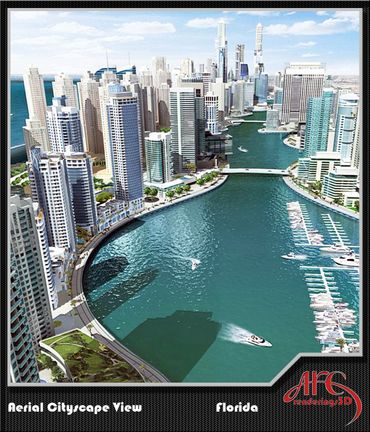 Aerial 3D Rendering, Bird's Eye View. Cityscape. Exterior High Rise Photo Realistic Rendering