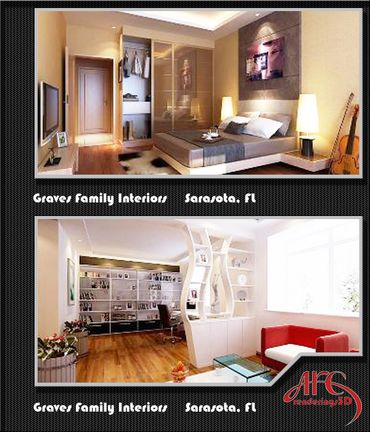 Interior 3D Rendering of a modern residential home. The top view is a view of the master bedroom and the lower view is of the Living Room. This rendering was created by ARC Renderings 3D, which offers affordable high quality photo-realistic 3D renderings for architects, designers, and real estate industries.