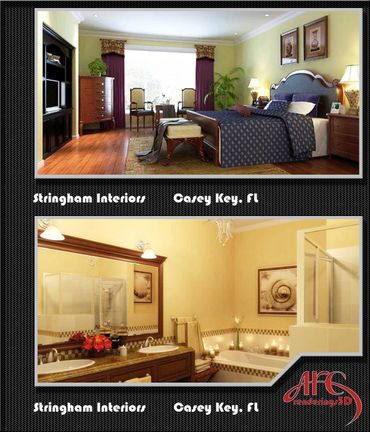 Interior 3D Rendering of a traditional residential home. The top view is a view of the master bedroom and the lower view is of the Master Bathroom. This rendering was created by ARC Renderings 3D, which offers affordable high quality photo-realistic 3D renderings for architects, designers, and real estate industries.