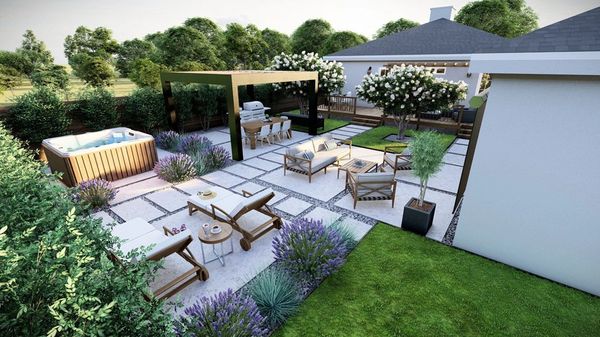 Backyard garden featuring a hot tub, outdoor seating and dining areas, pergola, and vibrant plants.