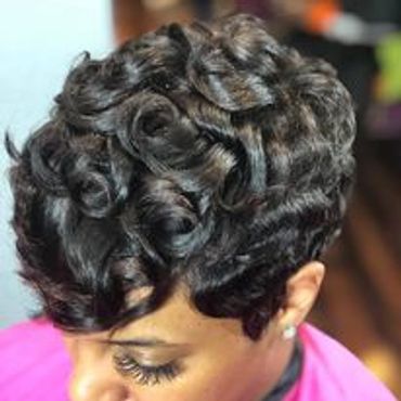 Short hair pixie cut.Curly hair