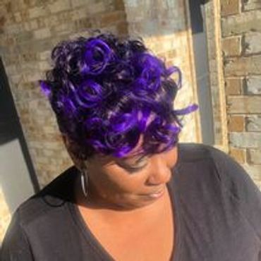 DeSoto Texas hairstylist short haircut adding purple hair extensions for a pop of color and to add