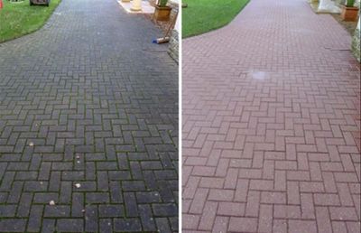 Image of driveway and patio that has been pressure washed showing before and after. Render Cleaning