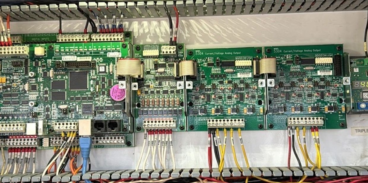 Industrial electronic control boards, terminal connections and wiring.