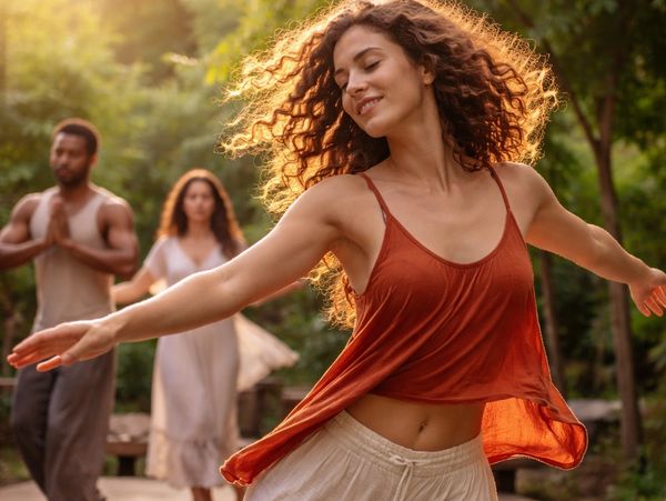 Une femme danse joyeusement en plein air.